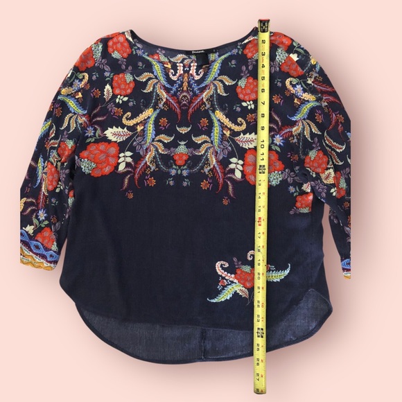 DESIGUAL Bohemian Floral Paisley 3D print Small Top Blouse 3/4 sleeve Black - Picture 8 of 13